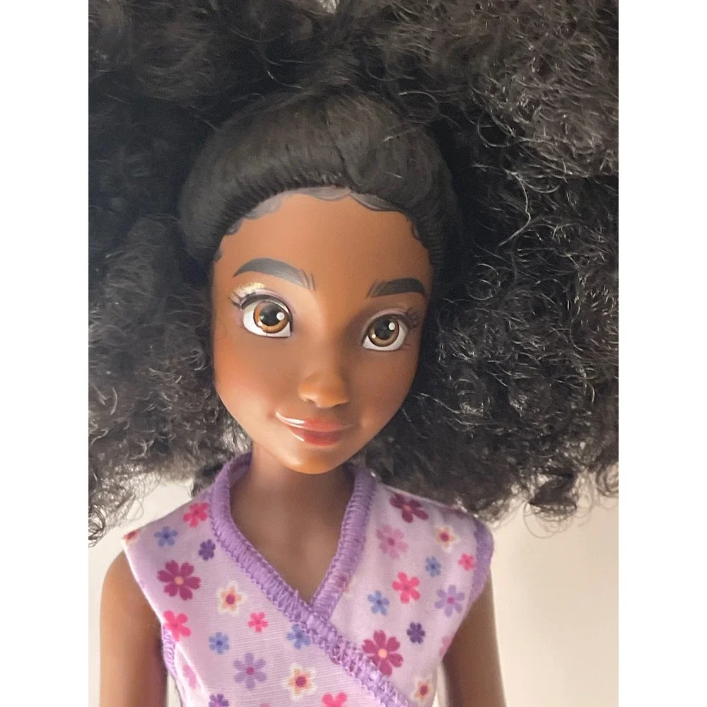 Disney Doll Black Curly Hair Brown Eyes Articulated Floral Top Purple Pants